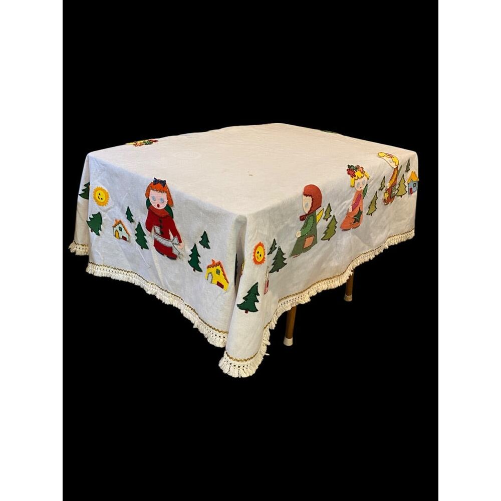 Vintage Felt Tablecloth Holiday Christmas Kitschy Stains 88 x 74 Inches